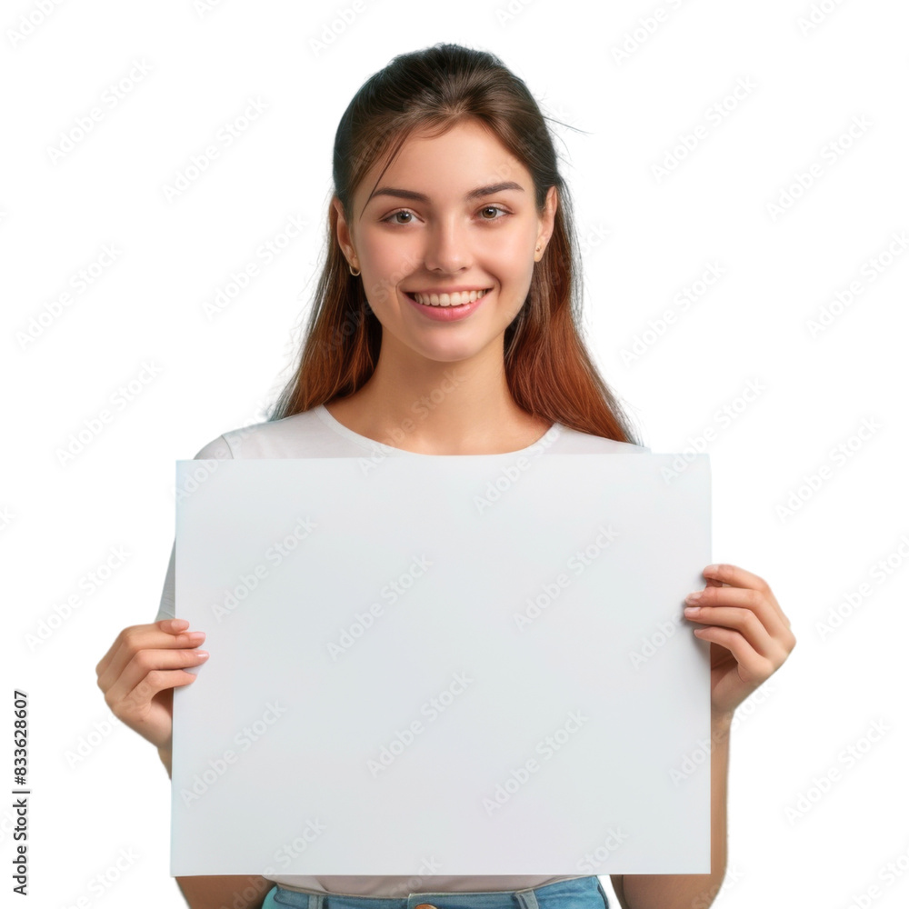 Young woman smiling and holding a blank white board, isolated on transparent background Young woman smiling and holding a blank white board, isolated on transparent background