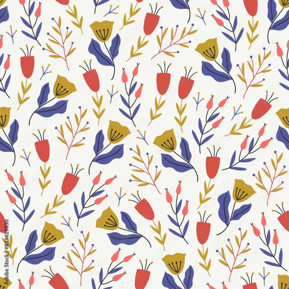 Folklore seamless pattern with tulips, berries and leaves. Vector illustration