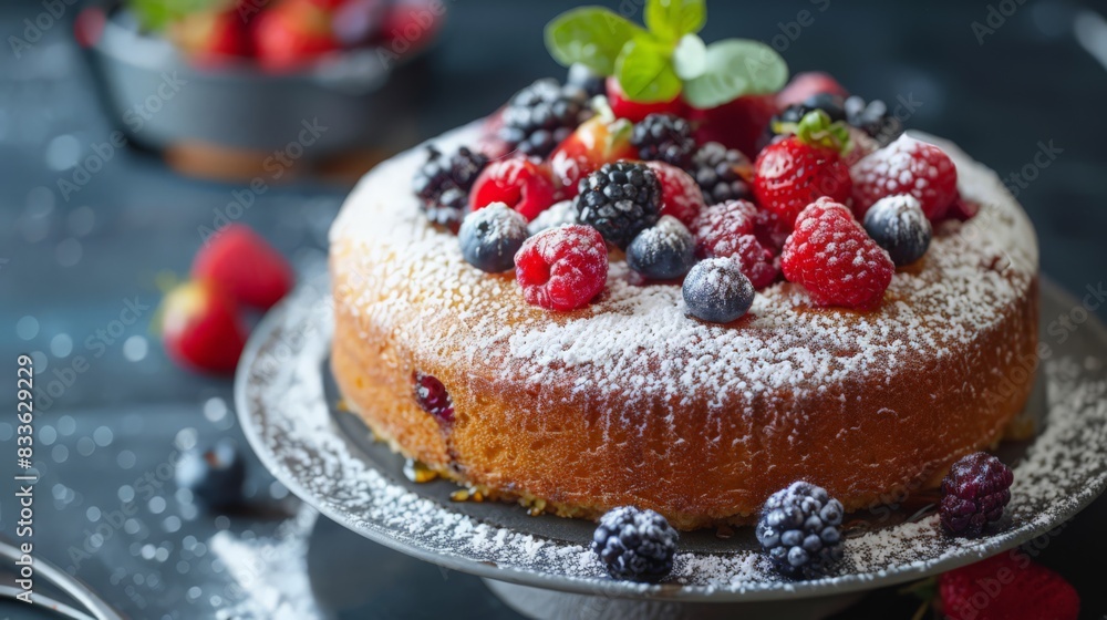 A honey cake topped with fresh berries and a dusting of powdered sugar, blending sweetness with a touch of tartness A honey cake topped with fresh berries and a dusting of powdered sugar, blending sweetness with a touch of tartness