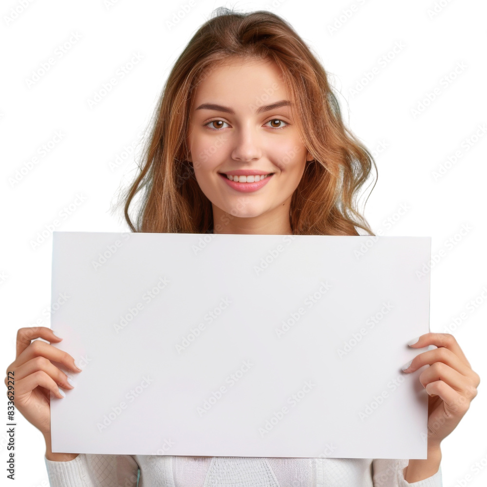 Young woman smiling and holding a blank white board, isolated on transparent background Young woman smiling and holding a blank white board, isolated on transparent background