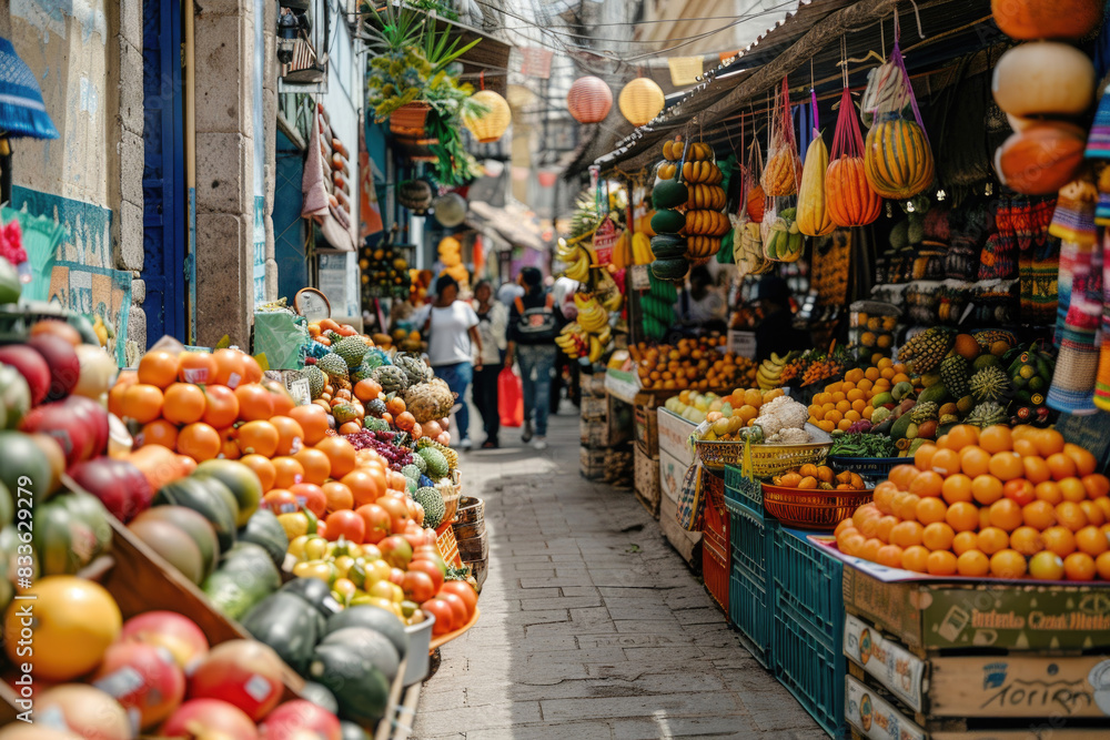 A lively street market with colorful stalls and bustling activity