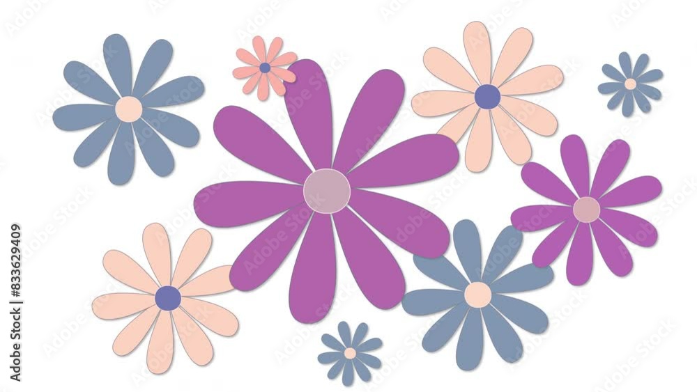 Animated flower seamless looped background. Flowers animation with alpha channel. Yellow purple blue daisy flowers on white background. Animated flower seamless looped background. Flowers animation with alpha channel. Yellow purple blue daisy flowers on white background.