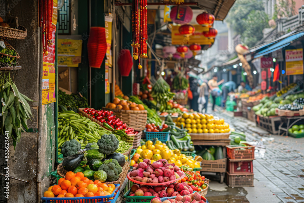 A lively street market with colorful stalls and bustling activity