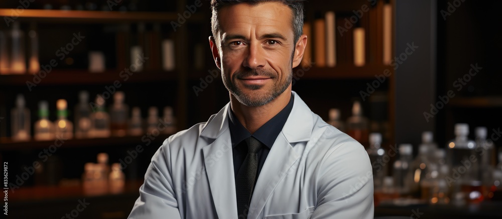 Portrait of smiling male doctor posing with folded hands, Health care medical staff concept, on light blue background