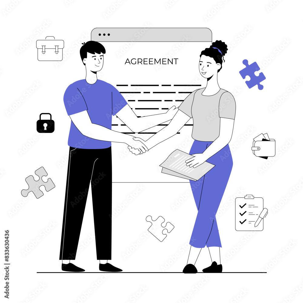 Online agreement, digital signature. People signing paper contract, deal settlement document or electronic agreement. Handshake of partners. Vector illustration with line people for web design.