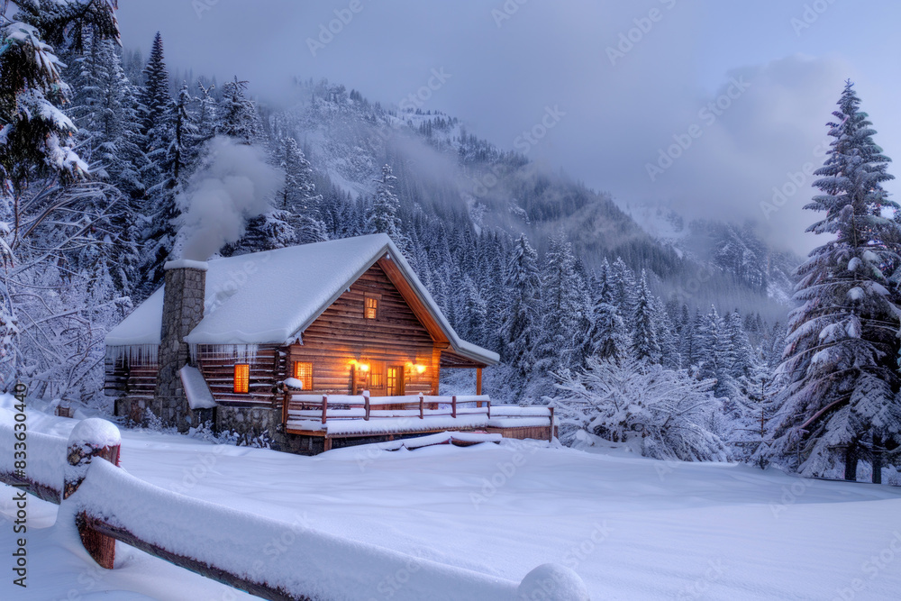 A picturesque winter cabin surrounded by snowy landscapes