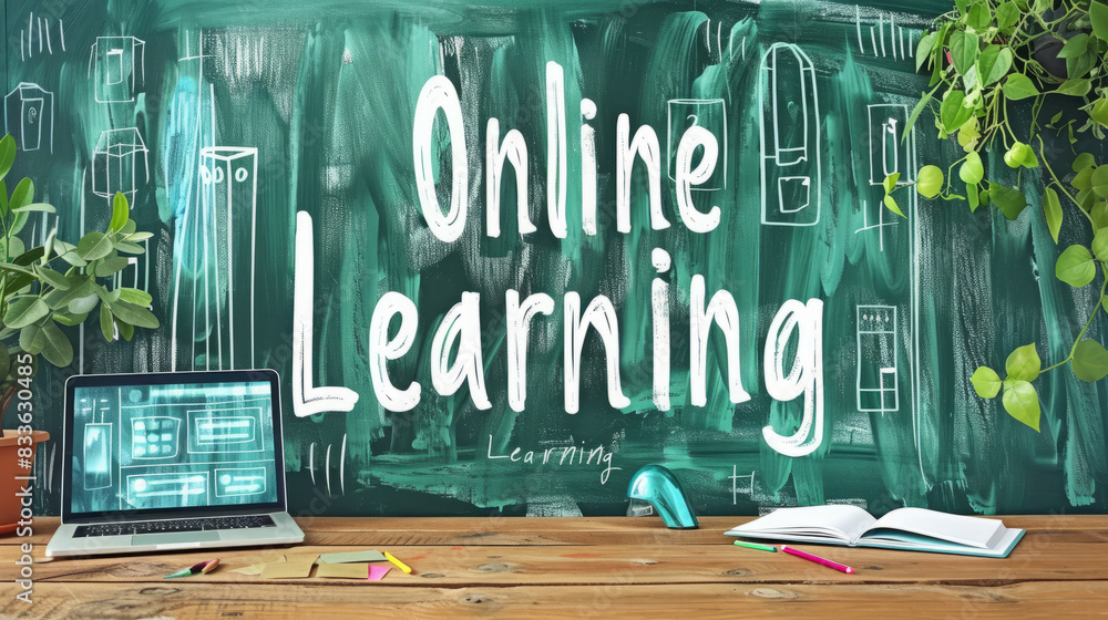 Obraz premium Online Learning Chalkboard with Laptop