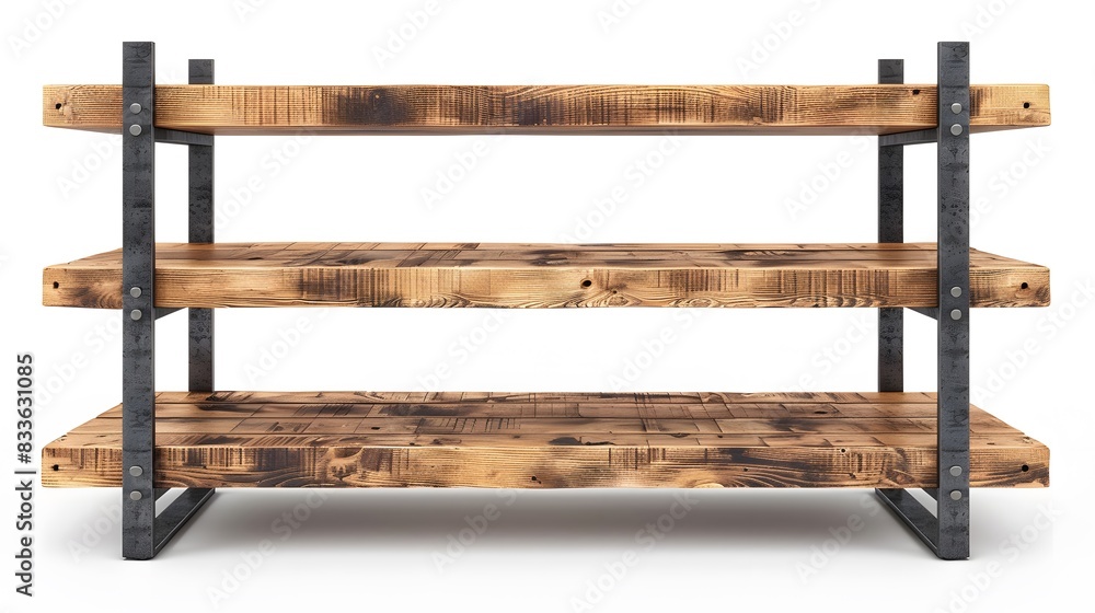 A rustic and industrial style double wide bookshelf with four shelves made of natural wood, steel frame construction, isolated on white background. A rustic and industrial style double wide bookshelf with four shelves made of natural wood, steel frame construction, isolated on white background.