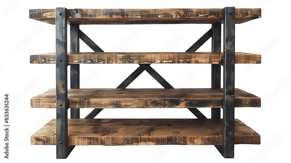 A rustic and industrial style double wide bookshelf with four shelves made of natural wood, steel frame construction, isolated on white background. A rustic and industrial style double wide bookshelf with four shelves made of natural wood, steel frame construction, isolated on white background.