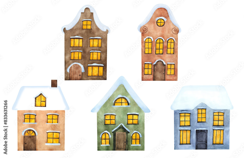 Fototapeta premium Watercolor colorful houses with snowy roof For winter decoration Christmas 2025 poster New Year sticker fairy childish postcard scrapbooking print logo wallpaper wrapping design souvenir Architecture
