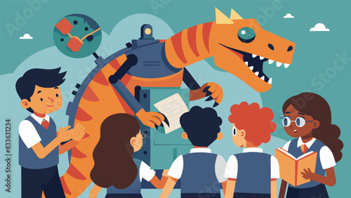 A group of students huddles around a robotic dinosaur exhibit taking turns controlling its movements while learning about the technology and. Vector illustration