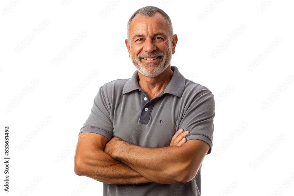 Smiling Middle-Aged Caucasian Man in a Gray Polo Shirt Smiling Middle-Aged Caucasian Man in a Gray Polo Shirt
