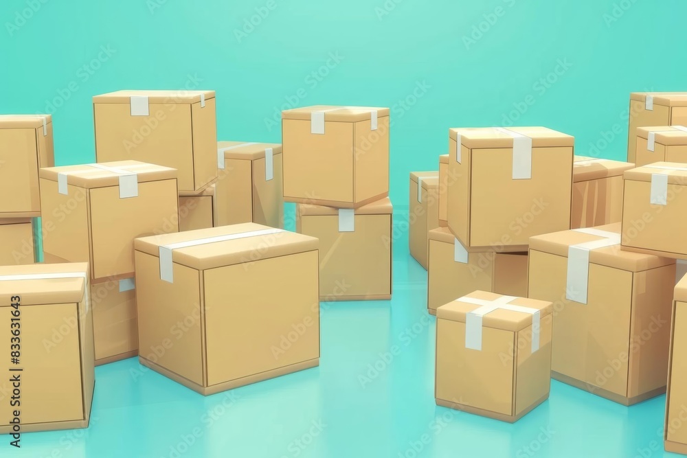 Soft mint green backdrop showcasing various sizes of 3D cardboard boxes, arranged in a minimalist style, emphasizing transportation logistics Soft mint green backdrop showcasing various sizes of 3D cardboard boxes, arranged in a minimalist style, emphasizing transportation logistics