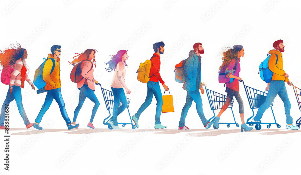 Illustration of People Carrying Shopping Bags and Groceries Illustration of People Carrying Shopping Bags and Groceries