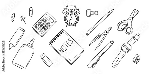 Stationary contour doodle set best for studying and working at office. Collection of sketchy outline drawings isolate on white background. Monochrome school or university outline stickers