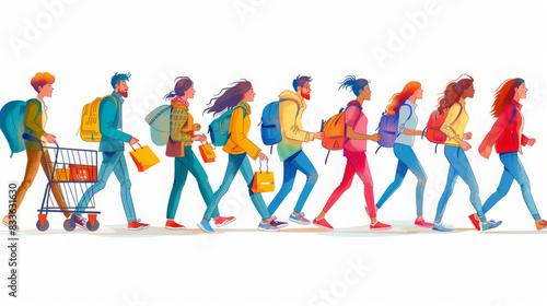 Illustration of People Carrying Shopping Bags and Groceries