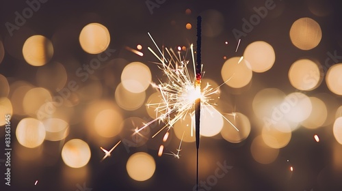 A single sparkler glowing brightly against an out of focus background of soft, sparkling lights. the beauty and excitement associated with New Year's Eve celebrations.