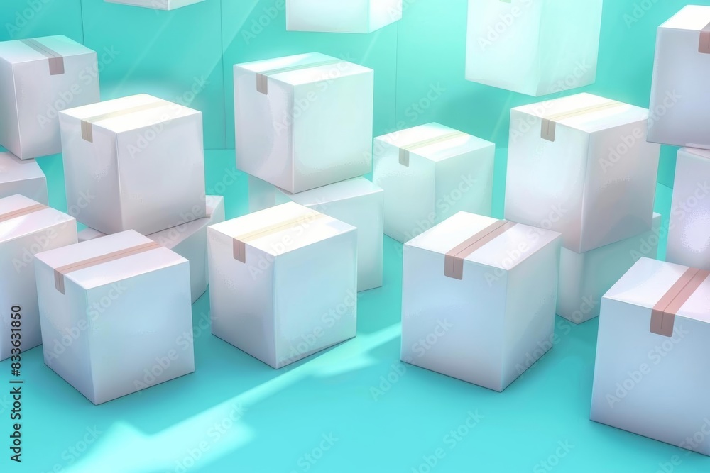 Obraz premium Soft mint green backdrop showcasing various sizes of 3D cardboard boxes, arranged in a minimalist style, emphasizing transportation logistics