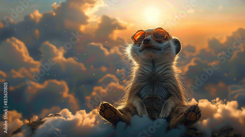 Cute meerkat wearing sunglasses sits on a cloud in a golden sunset sky.