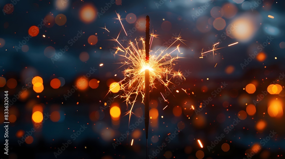 Obraz premium A single sparkler glowing brightly against an out of focus background of soft, sparkling lights. the beauty and excitement associated with New Year's Eve celebrations.