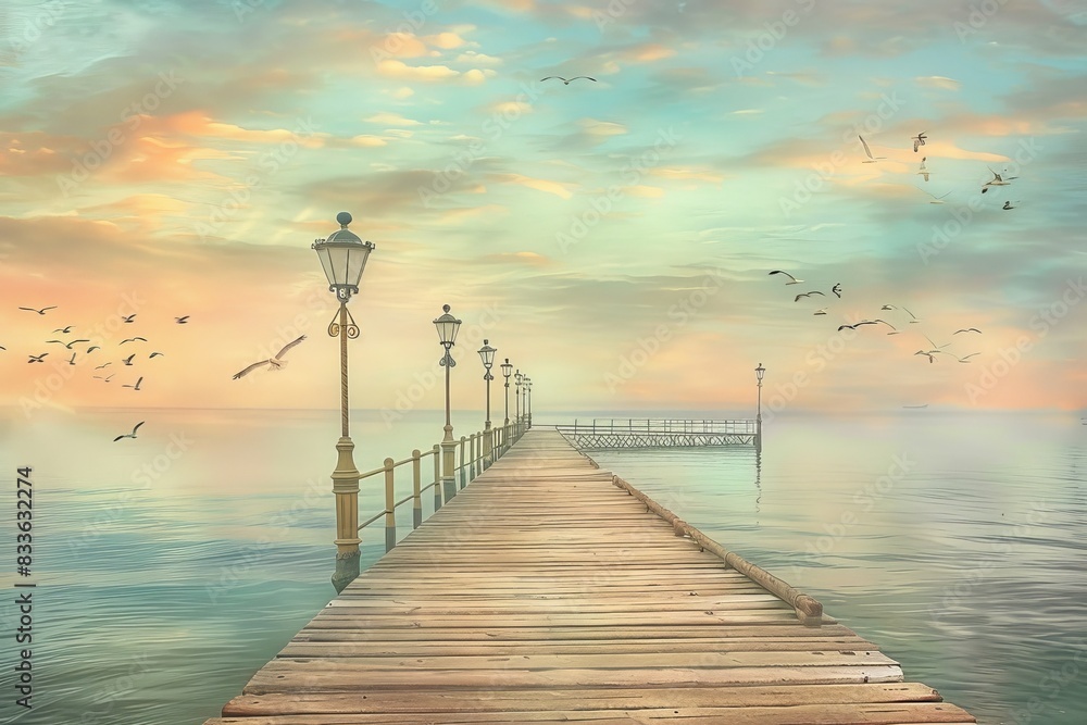 Obraz premium Morning Tranquility: Ethereal Sunrise at a Seaside Victorian Pier