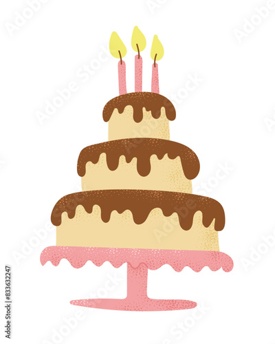 Birthday 3 tiered cake with burning candles in flat style with dotted texture and in candy pastel colors. Vector holiday illustration. Flat drawings isolated on white background