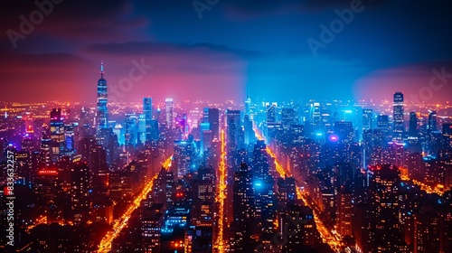A city skyline lit up at night with bright lights  AI