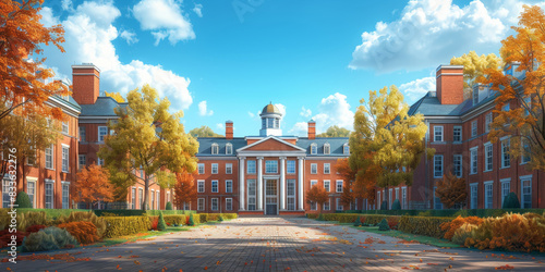 College campus in autumn with a grand red brick building, colorful trees, and scattered leaves on a sunny day
