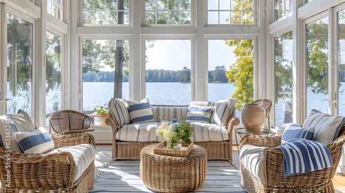 A sunroom with large windows, white walls and tan wicker furniture with blue striped pillows, overlooking the lake. The room is well lit by natural light from outside.