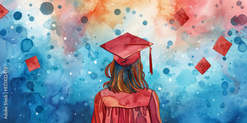 Graduation celebration with a student in a cap and gown, colorful background, and caps thrown in the air