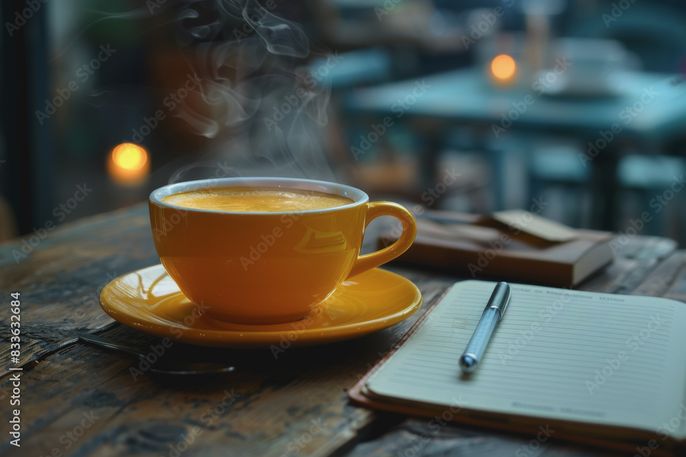 Fototapeta premium The table with a hot coffee cup, Morning atmosphere, notebook, pen, and Space on the left side.