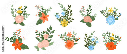 Set of flat hand drawn abstract floral compositions. Vector colored illustration isolated on white background. Unique print design for printout  poster  interior decor  stickers