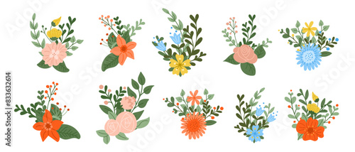 Set of flat hand drawn abstract floral compositions. Vector colored illustration isolated on white background. Unique print design for printout, poster, interior decor, stickers