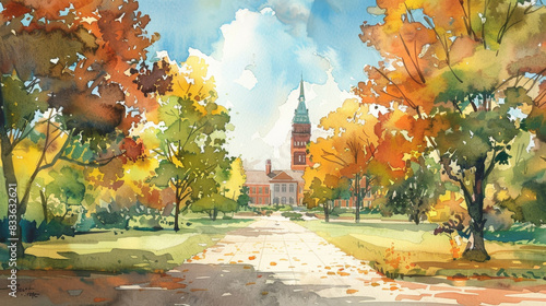 Watercolor painting of a university campus in autumn with vibrant trees