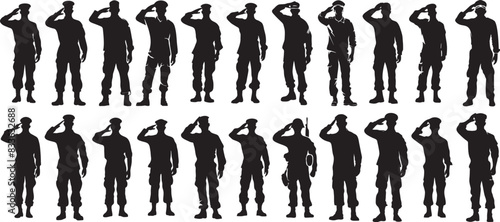 set of Silhouettes of a soldier saluting isolated on white background