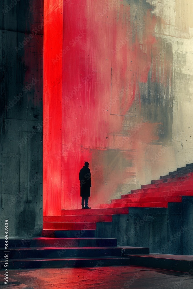 A person standing on a set of stairs in front of red and orange lights, AI A person standing on a set of stairs in front of red and orange lights, AI