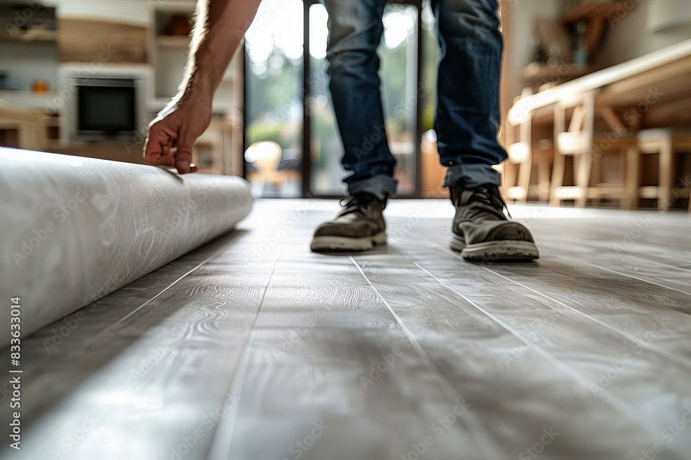 Unidentified man stands in front of roll of linoleum. Home renovation and decorating. DIY concept. Unidentified man stands in front of roll of linoleum. Home renovation and decorating. DIY concept.