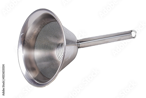 A stainless steel funnel with a mesh strainer on transparent background