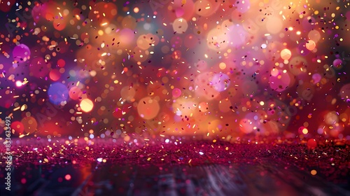 A vibrant background with confetti and lights, creating an atmosphere of celebration for the New Year's Eve party. The confetti is scattered across the scene in various shades of reds.