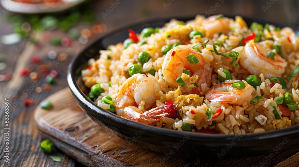 Shrimp fried rice displayed on a wooden surface Shrimp fried rice displayed on a wooden surface