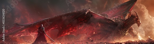 Sci-fi knight engaged in a brutal fight with a dragon, red sky looming ominously overhead, dramatic battle scene photo