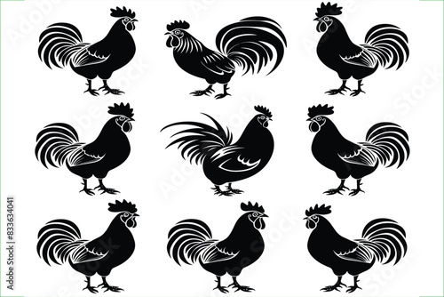Vector illustration set of black silhouettes of hens. Silhouettes of roosters. Cock illustration. Black silhouettes of roosters and hens on a white background. 