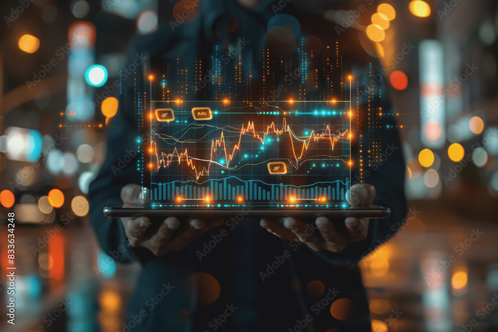 Businessman holding stock market graphic, networking, and data analytics connection, network. Businessman holding stock market graphic, networking, and data analytics connection, network.