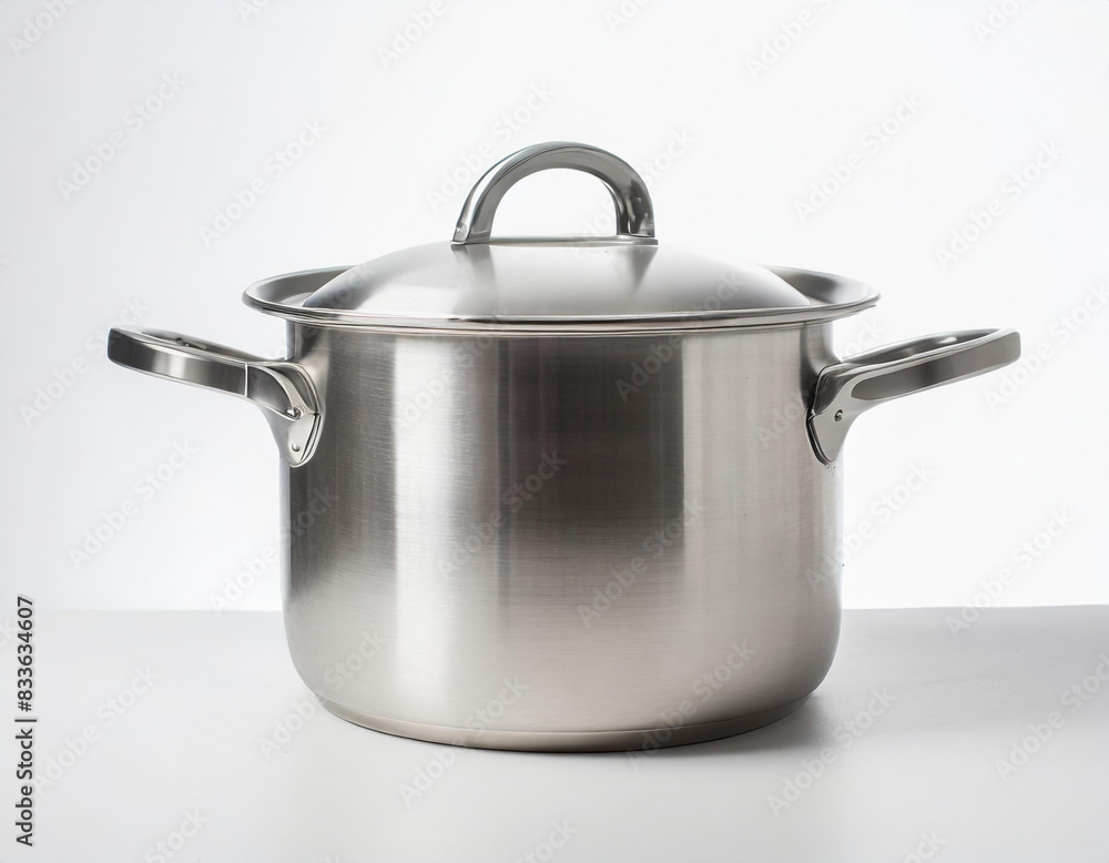 Una olla de acero inoxidable sobre un fondo gris y blanco. Vista de frente y de cerca. AI Generativa Una olla de acero inoxidable sobre un fondo gris y blanco. Vista de frente y de cerca. AI Generativa