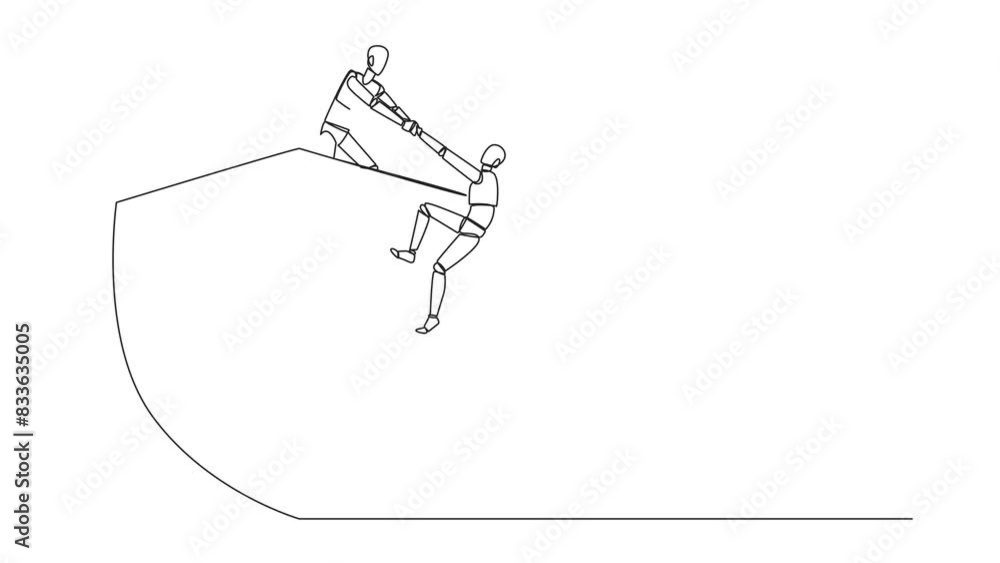 Animated self drawing of one line drawing smart robotic helps colleague climbs the big shield. Teamwork keeps colleagues safe from evil robotic. Helping each other. Full length single line animation