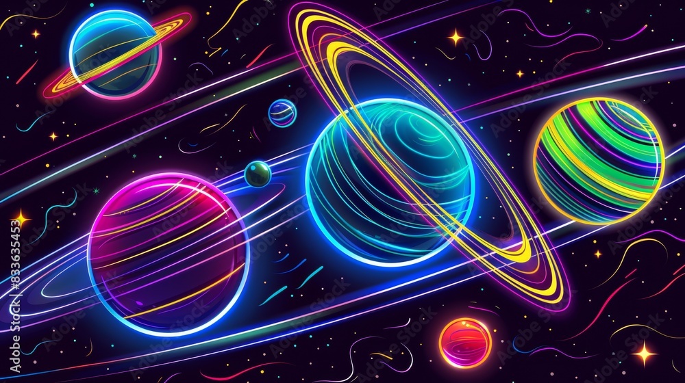 Neon-colored planets with rings in a vibrant galaxy Neon-colored planets with rings in a vibrant galaxy
