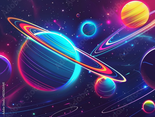 Neon-colored planets with rings in a vibrant galaxy photo