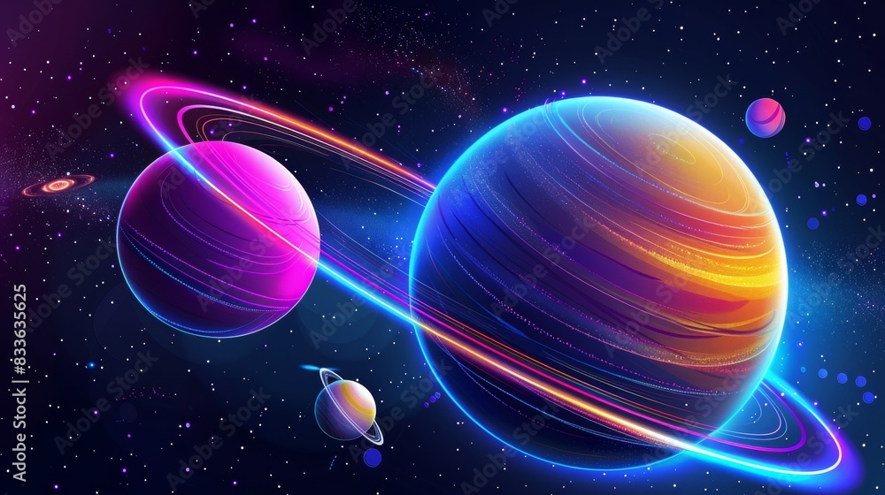 Neon-colored planets with rings in a vibrant galaxy Neon-colored planets with rings in a vibrant galaxy