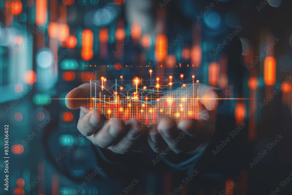 Businessman holding stock market graphic, networking, and data analytics connection, network. Businessman holding stock market graphic, networking, and data analytics connection, network.