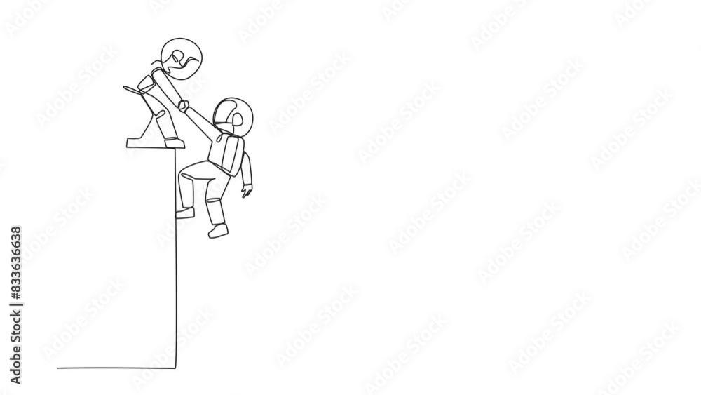 Animation of continuous line drawing young astronaut helps colleague climb big bar graph. Helps to climb to higher ground. Move forward and success together. Teamwork. Full length motion Animation of continuous line drawing young astronaut helps colleague climb big bar graph. Helps to climb to higher ground. Move forward and success together. Teamwork. Full length motion